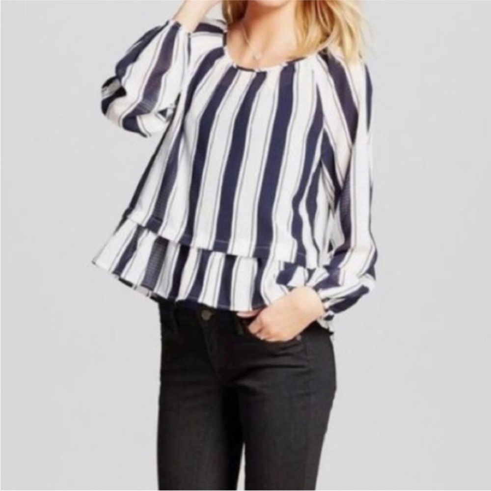 Merona White & Navy Striped Sheer Top – Size XS